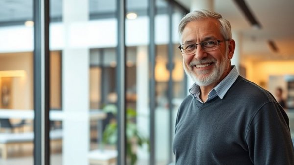 Smiling man showcasing windows in a modern showroom.