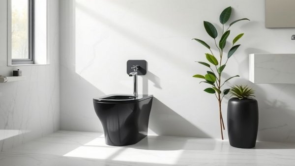 Luxurious marble bathroom with modern black bidet highlighting benefits of bidets.