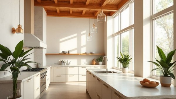 Modern kitchen remodeling with neutral tones and natural light.