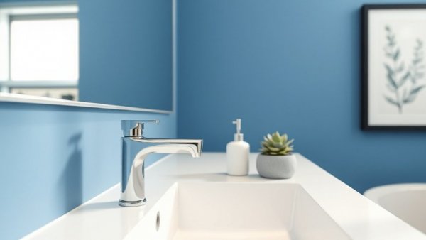 Modern bathroom with white countertop against a blue wall, featuring a sleek faucet and minimalist decor.