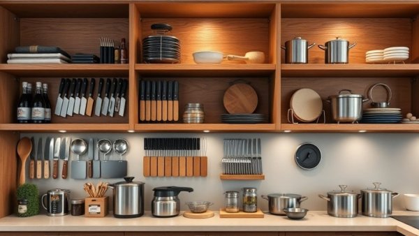 Modern kitchen storage showcasing organized shelving and cookware.