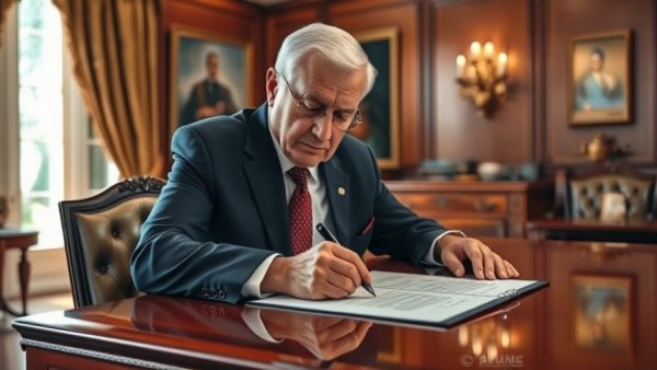 Elderly man in suit signing document at a desk, photorealistic.