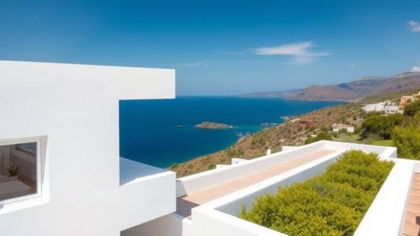 Modern white building with open windows overlooking a scenic coastline
