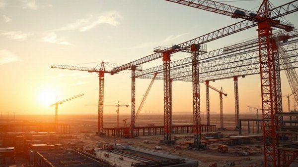 Advanced technology construction site with steel structure and cranes at sunset.