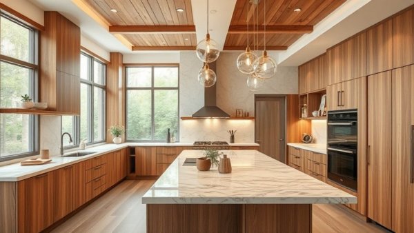 Modern kitchen with wooden cabinetry and colored marble countertops.