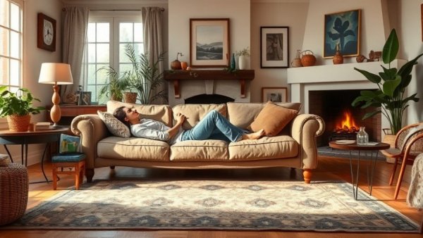 Living room with cozy sofas and warm fireplace in Sofa Of The Month Club setting.