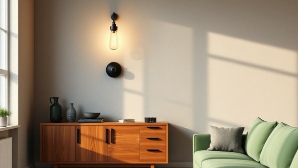 French industrial wall light in modern interior with sideboard and couch.
