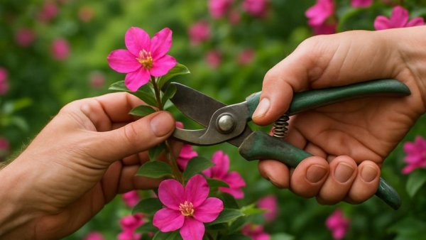 Hands pruning a floral bush for lawn care in Cape Coral, FL.
