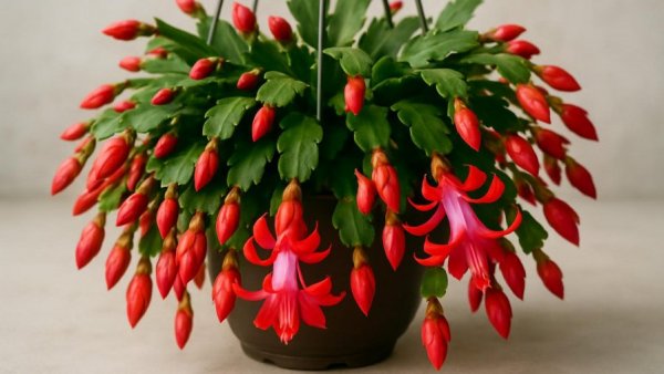 Blooming Christmas Cactus showing how to fertilize.