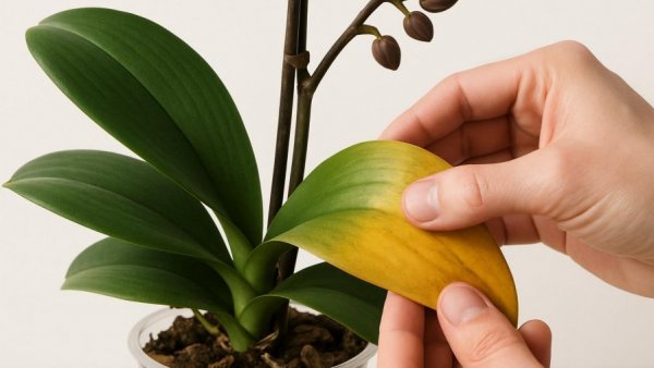Orchid with yellowing leaf being inspected, signs of distress visible.