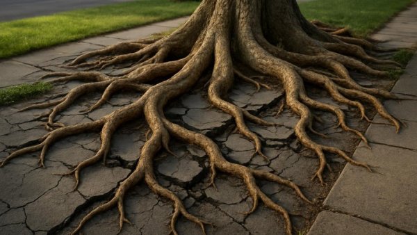 Aggressive tree roots damaging a pavement, highlighting potential home threats.