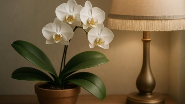 Indoor potted orchid near a lamp, illustrating plant care.