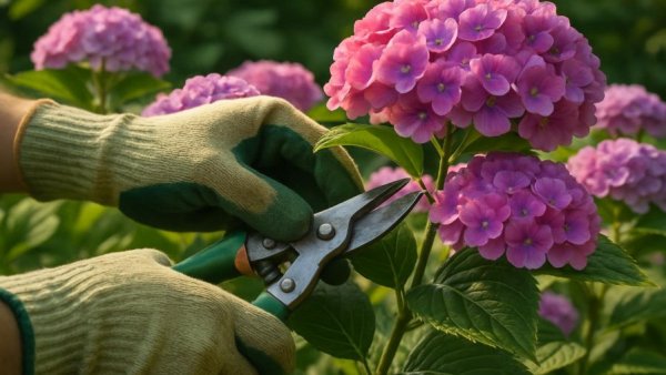 Gloved hands pruning hydrangea in lush garden scene. How To Keep Lawns Healthy In Cape Coral, FL