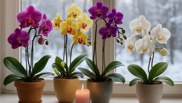 Orchids on windowsill with snowy winter backdrop