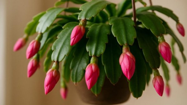 Blooming Christmas cactus with pink buds and green leaves, indoor care.