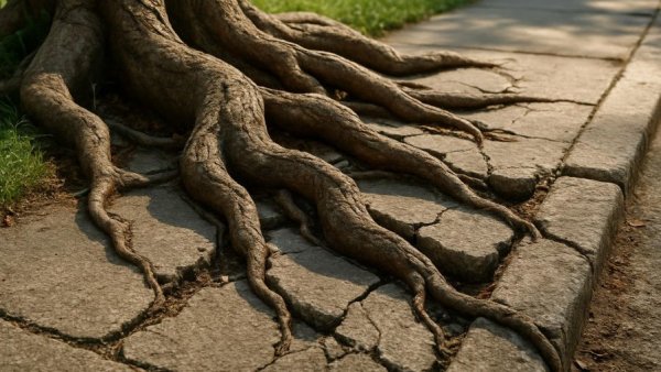 Large tree roots causing pavement damage, illustrating aggressive growth.