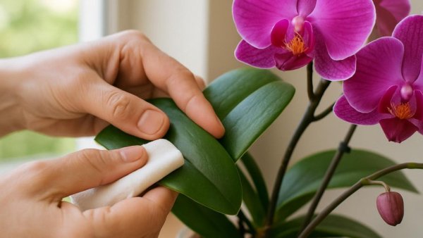 Hands wiping leaves of orchids, addressing common orchid problems indoors.