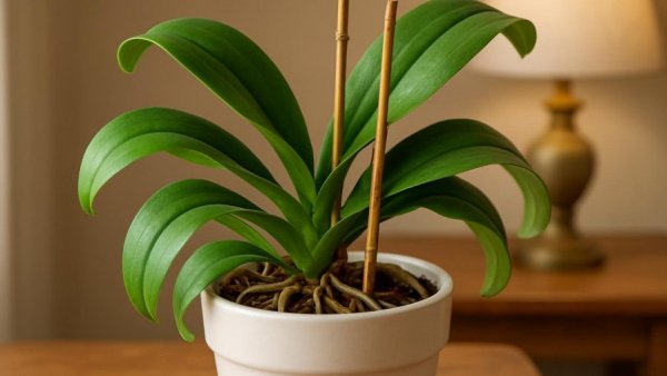 Orchid plant care - green leaves and roots in a white pot indoors