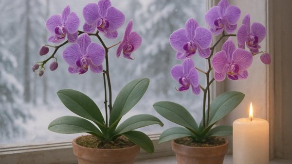 Purple orchids by snowy window, winter orchid care