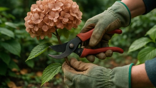 Gloved hands pruning hydrangea bush for March hydrangea care.
