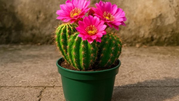 Vibrant cactus with pink flowers in a plastic nursery pot.