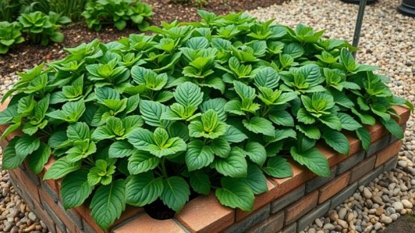 Thriving sweet potato plants in brick garden bed.