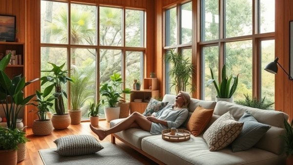 Mixing wood tones in a cozy modern living room with large windows.