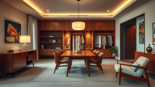 Stylish mid-century modern dining space with warm ambient lighting.