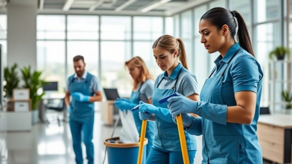 Commercial cleaning team preventing workplace illness through diligent cleaning in office