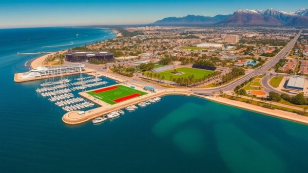 Aerial view of marina and sports field near Project Highway 101.