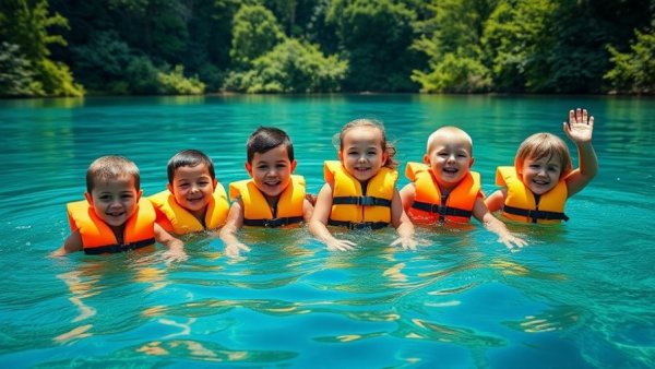 Children swimming in a lake with life jackets, reflecting family growth and resilience.
