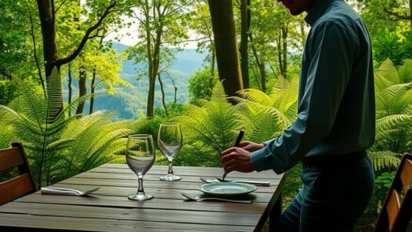 Outdoor dining in serene forest setting with person setting table