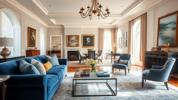 Elegant Nancy Meyers-inspired living room with plush velvet sofa and chic decor.