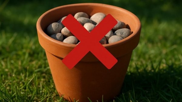Using stones for drainage holes in terracotta pot with error sign