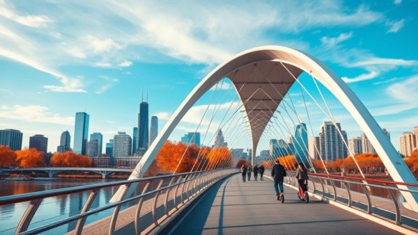 Futuristic pedestrian bridge above water near urban buildings.