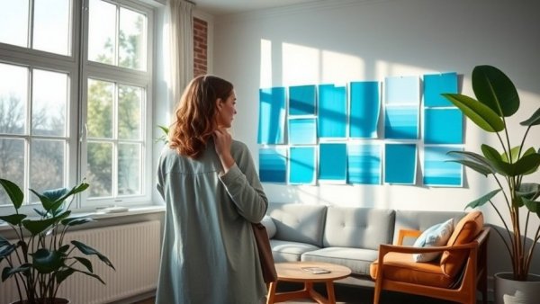 Woman considering best blue paint colors for home in a stylish, modern room.