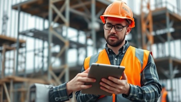 Construction worker using tablet for home improvement services.