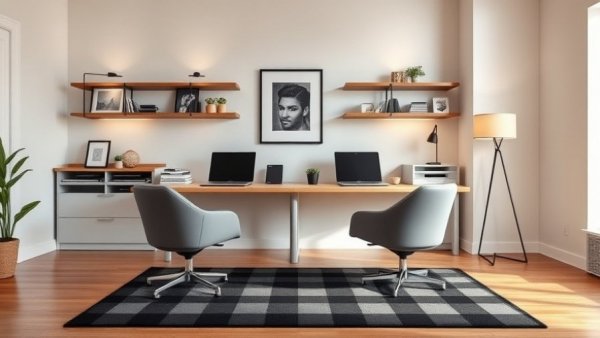 Modern home office with stylish lighting and dual workstations.