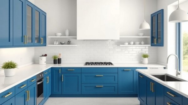 Modern kitchen with blue cabinets and gold handles.