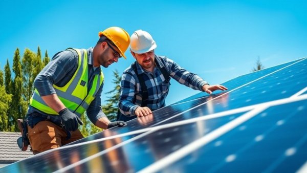 Workers installing solar panels for home improvement
