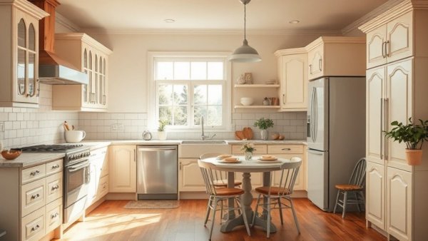 Vintage kitchen with cream cabinetry and wooden floors in natural light.