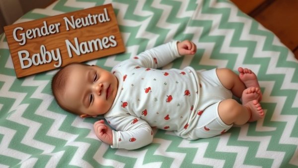 Cute baby with gender-neutral baby names sign on chevron-patterned blanket.