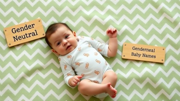 Baby with a gender neutral baby names plaque on a patterned blanket.