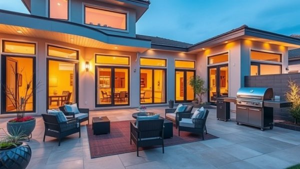 Modern exterior home renovation with stylish courtyard furniture.