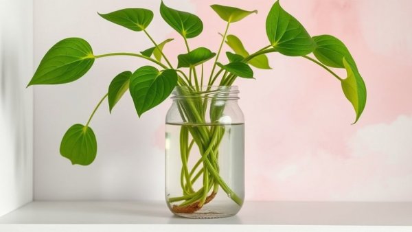 Pothos plants propagating in water on a shelf.