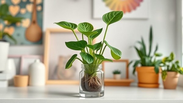 Pothos cuttings rooting in a vase on a shelf, bright and detailed.