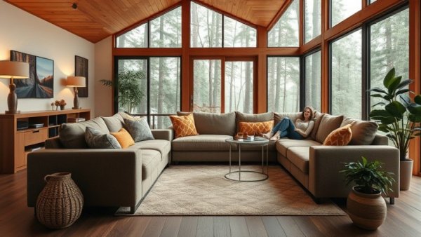 Modern living room with motorized curtains and a relaxed woman.