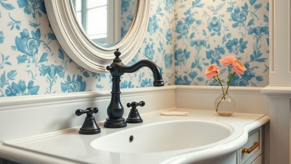Elegant bathroom with affordable black faucet under 250.