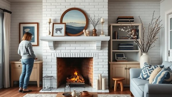 Farmhouse fireplace mantel ideas in a cozy living room setting.