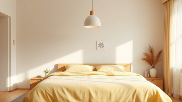 Minimalist pale yellow home decor in a cozy bedroom.